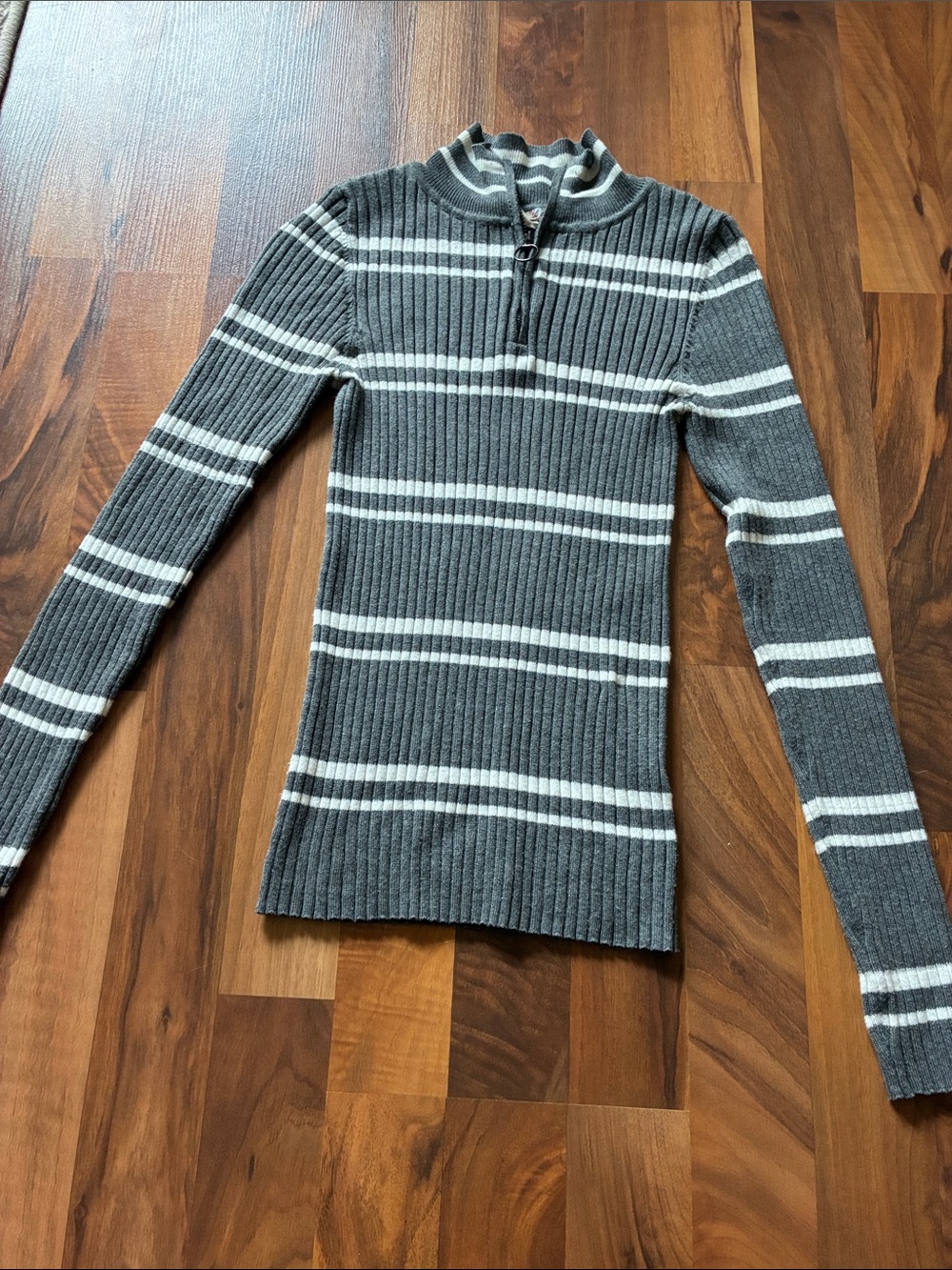 Pink Republic Gray & White Ribbed Half-Zip Turtleneck Sweater